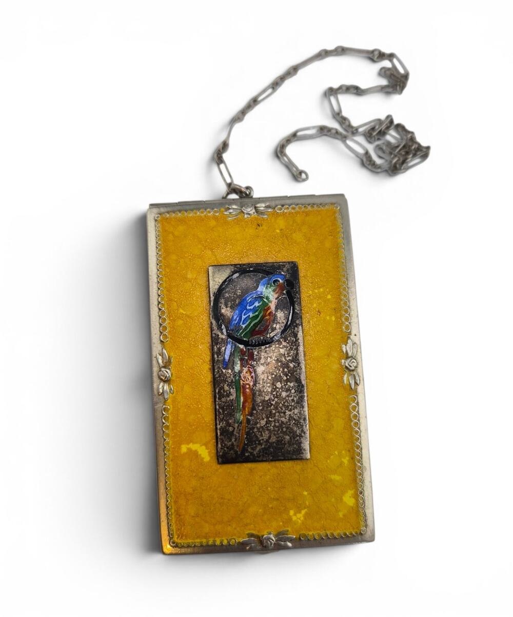 Antique 1920s Art Deco Dance Purse Compact Sterling Enamel Bird Fillkwik Puff